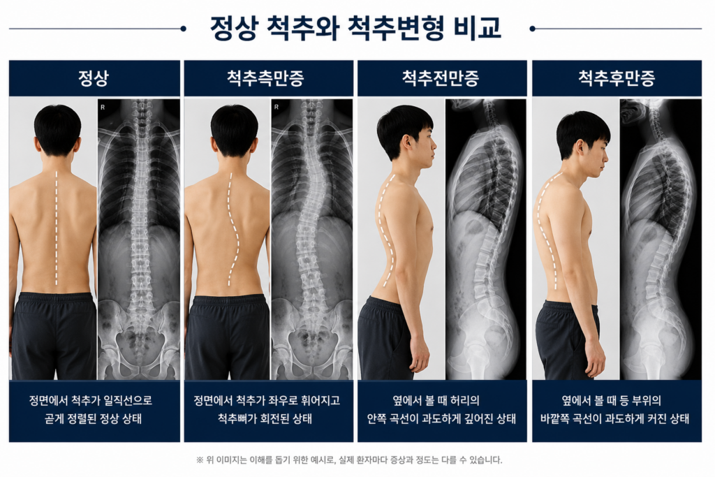 정상 척추와 척추측만증 후만증 전만증 비교