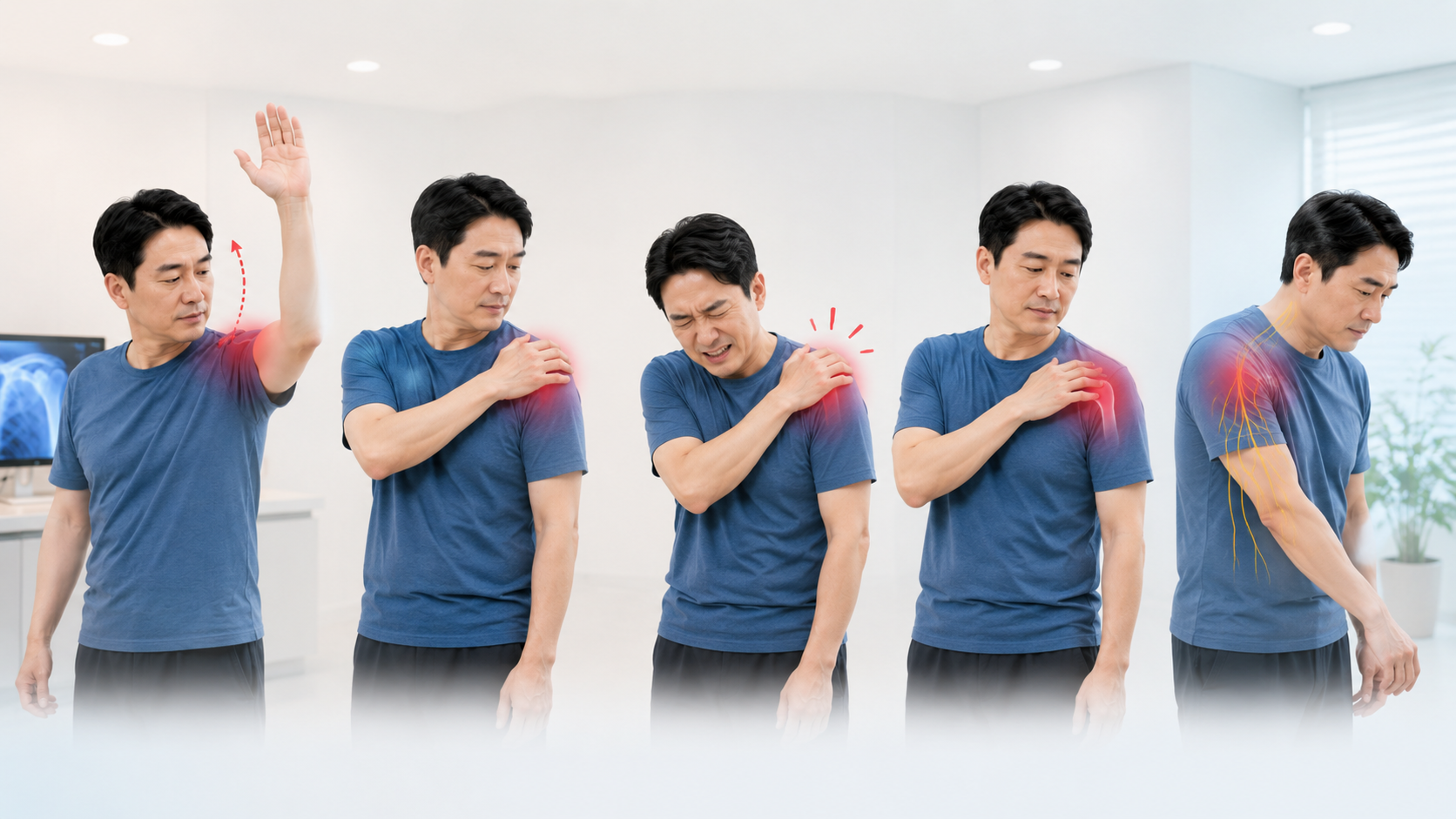 팔 들기 제한, 야간통, 저림 등 다양한 어깨 통증 양상을 보여주는 이미지