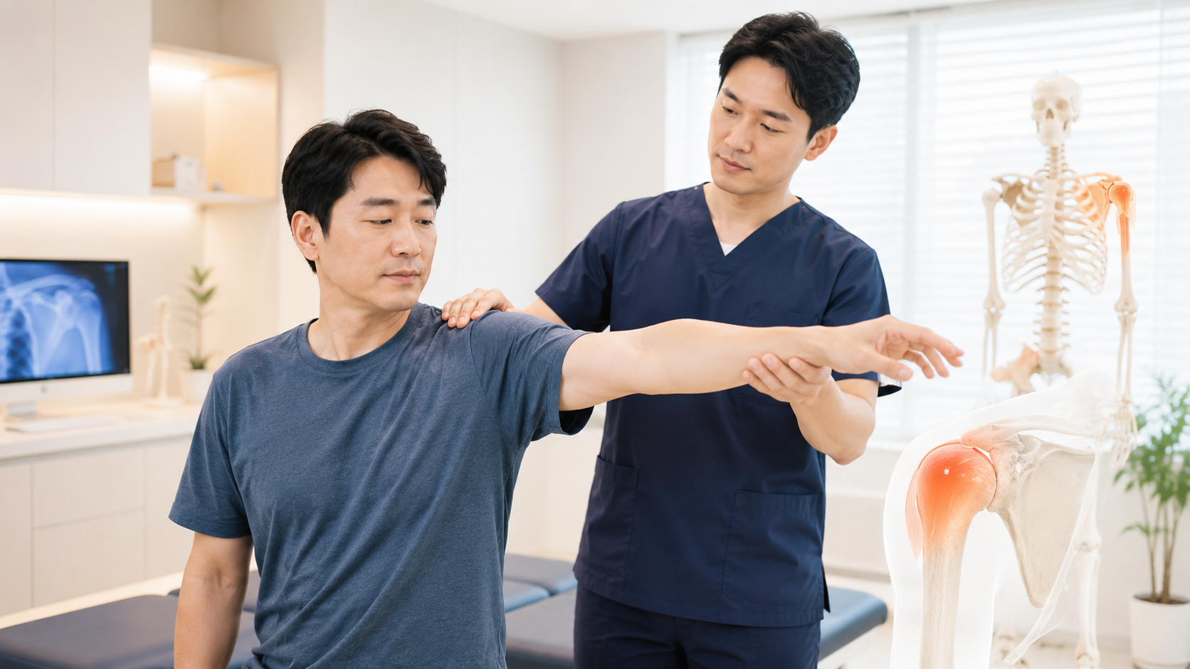 치료사가 환자의 어깨 운동 범위를 확인하며 재활치료를 진행하는 모습